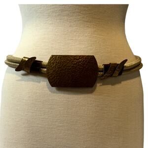 Vintage 80s Women's Rope Belt 3" Hammered Metal Buckle Tan Boho Retro 33" Med